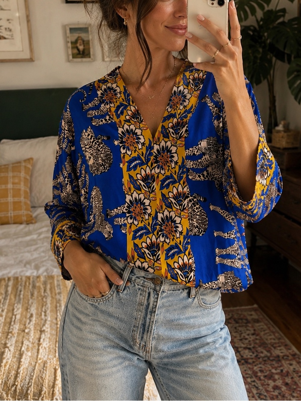 Oddi Leopard Floral Kimono Top SMALL Blue Safari Vacation Resort Statement
